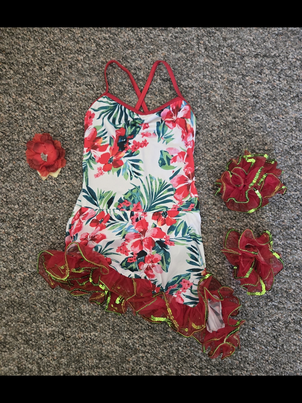 Floral Tropical Ruffle Dance Dress with Hair And Arm Accessories - White & Red